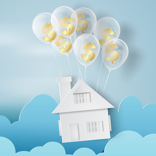 House in clouds with dollar sign balloons