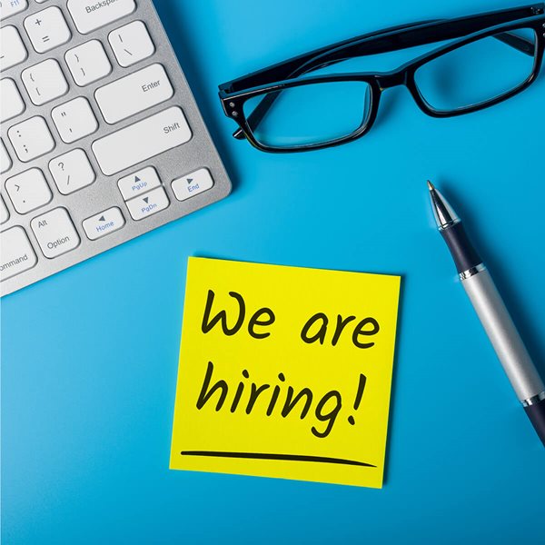 We are Hiring Post-it with keyboard and glasses